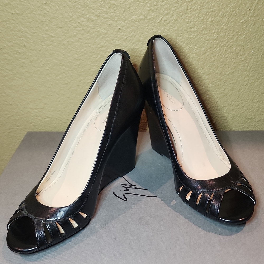 Calvin Klein Black Peep-Toe Wedges Size 6